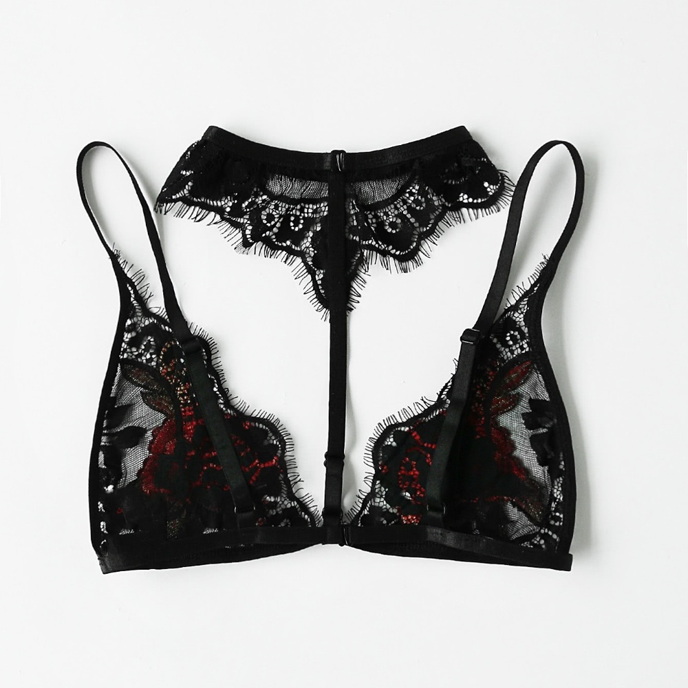 Rose Embroidered Black Lace Choker Bralette - Picture 4 of 4